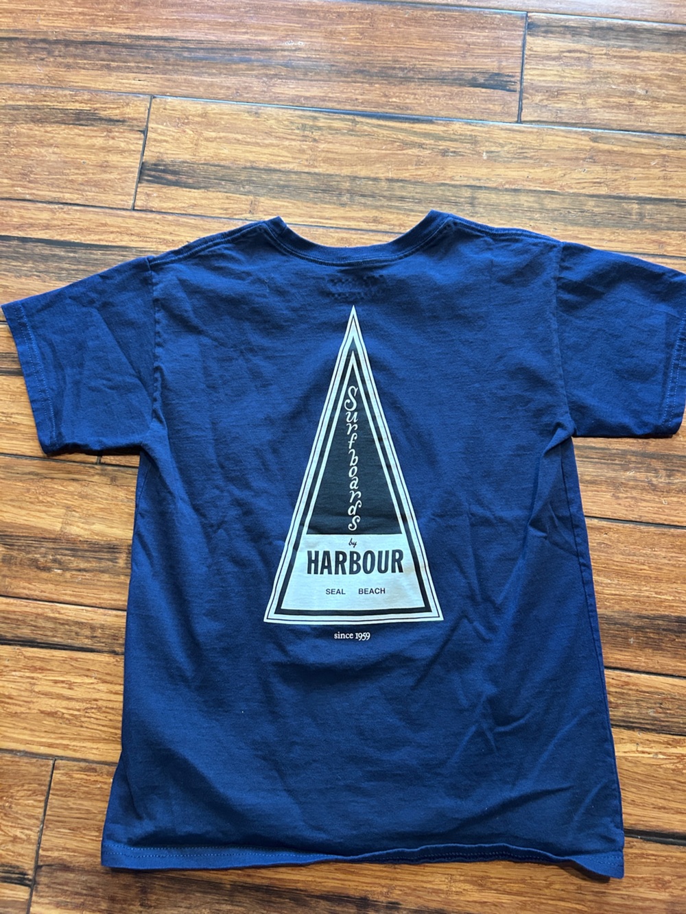 Harbour Surfboards, Seal Beach CA T-shirt. Youth Large. Navy